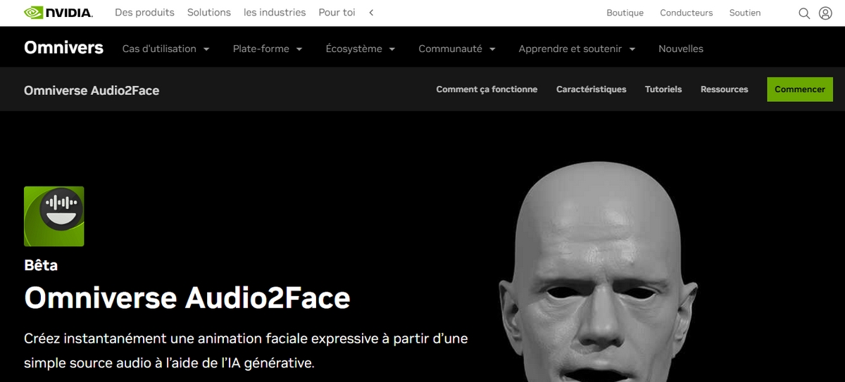 Screenshot de la page d'accueil Omniverse Audio2Face