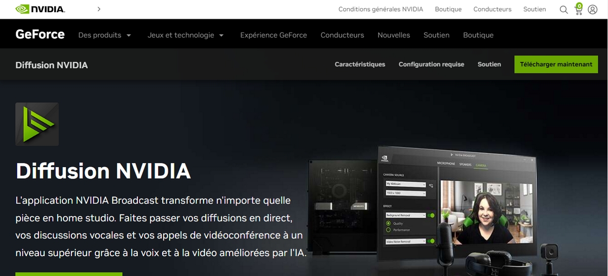 Screenshot de la page d'accueil NVIDIA Broadcast