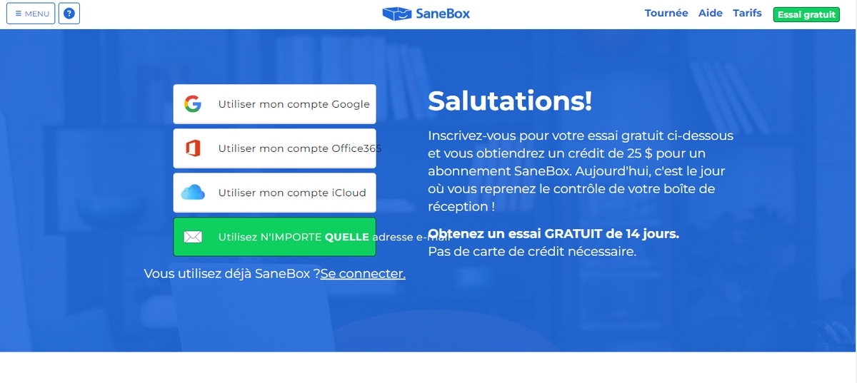 Screenshot de la page d'accueil SaneBox