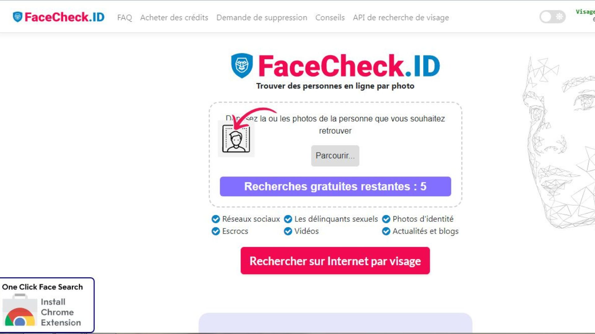 Représentation de l'interface d'utilisation de Facecheck.ID. 