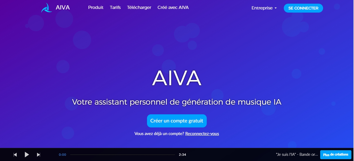 Screenshot de la page d'accueil AIVA