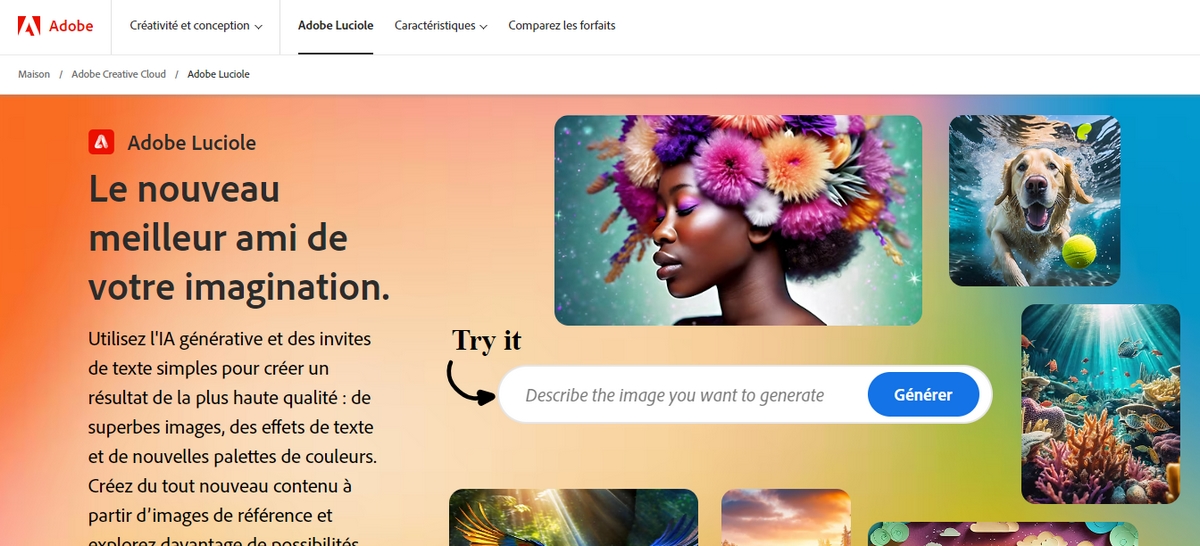 Screenshot de la page d'accueil Adobe Firefly