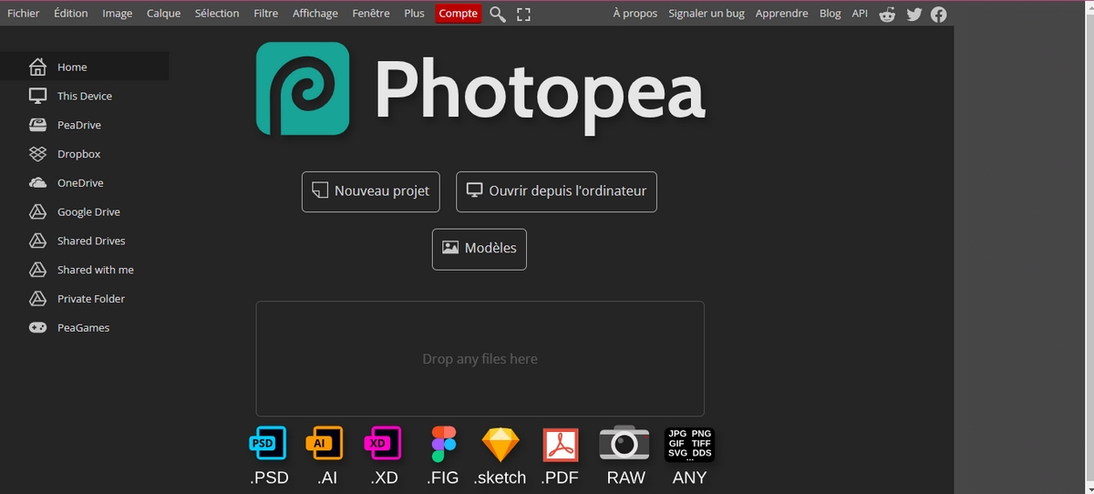Screenshot de la page d'accueil Photopea