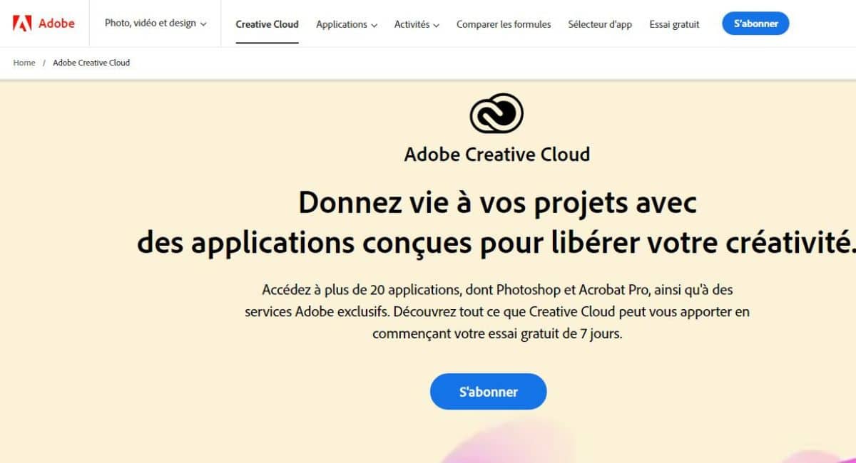 Page d'accueil d'Adobe Creative Cloud. 