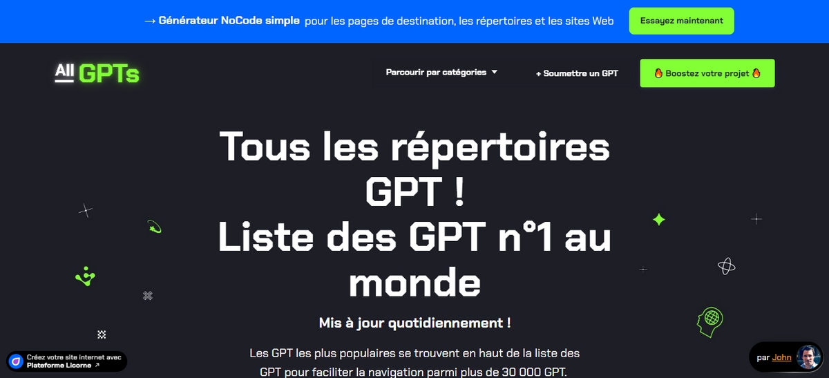 Screenshot de la page d'accueil All GPTs