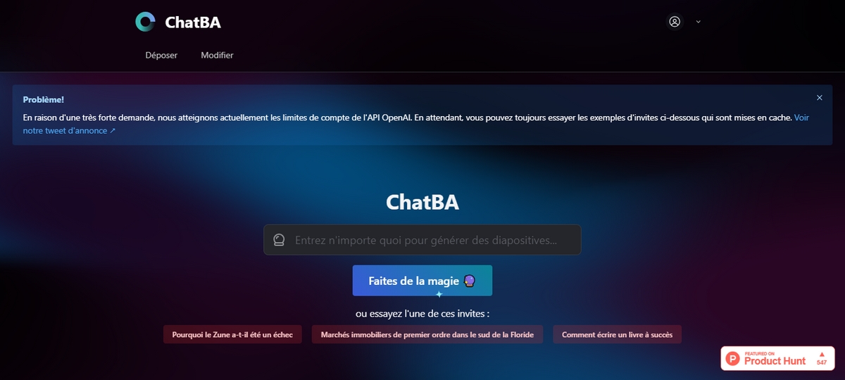 Screenshot de la page d'accueil ChatBCG