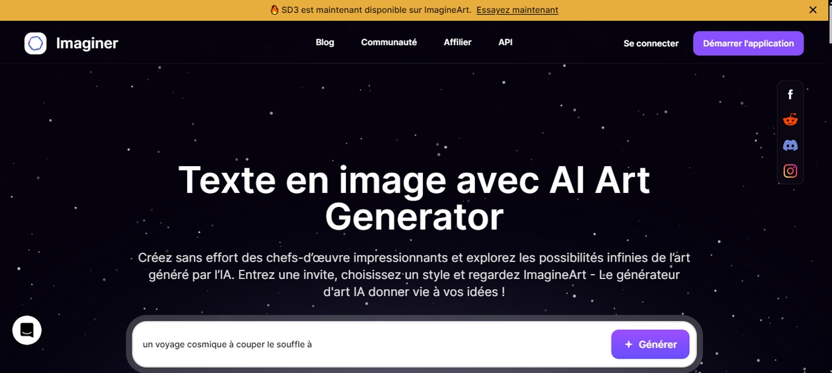 Screenshot de la page d'accueil Imagine AI Art Generator