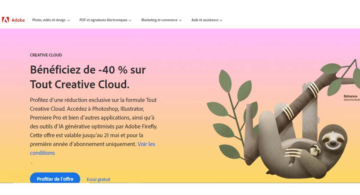 La page d'accueil d'Adobe. 