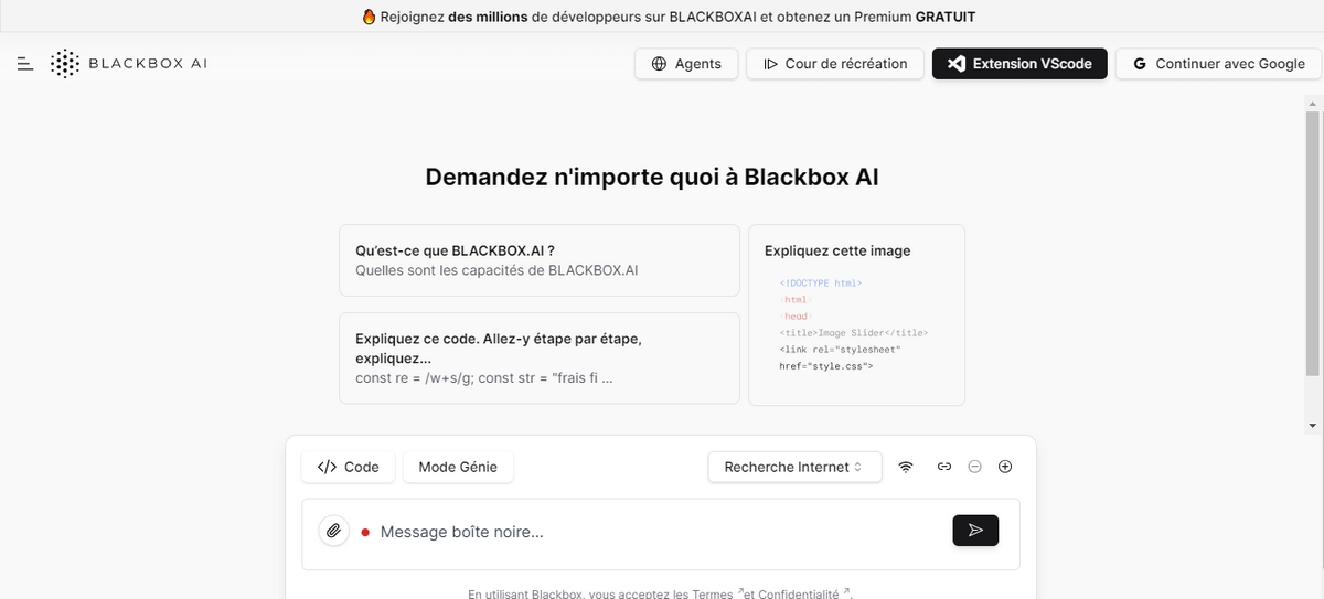 Screenshot de la page d'accueil Blackbox AI